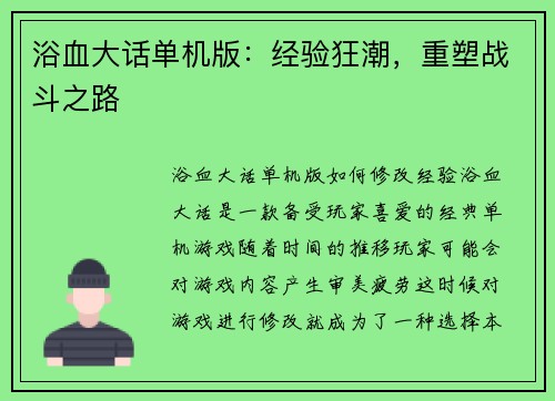 浴血大话单机版：经验狂潮，重塑战斗之路